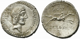 L. Calpurnius Piso Frugi, Rome, 90 BC. AR Denarius (20mm, 3.77g). Laureate head of Apollo r. R/ Horseman galloping r., holding palm branch and reins. ...