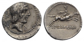 L. Calpurnius Piso Frugi, Rome, 90 BC. AR Denarius (18mm, 3.90g, 12h). Laureate head of Apollo r.; K behind, B before. R/ Horseman galloping r., holdi...