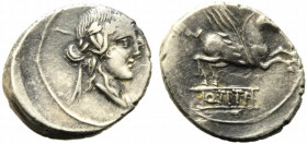 Q. Titius, Rome, 90 BC. AR Denarius (18mm, 3.77g). Head of young Bacchus r., wearing ivy wreath. R/ Pegasus springing r. Crawford 341/2; RBW 1275; RSC...