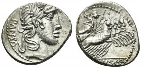 C. Vibius C.f. Pansa, Rome 90 BC. AR Denarius (20mm, 3.78g, 4h). Laureate head of Apollo r.; symbol below chin. R/ Minerva driving galloping quadriga ...