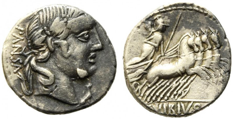 C. Vibius C.f. Pansa, Rome 90 BC. AR Denarius (18mm, 3.76g). Laureate head of Ap...