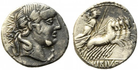 C. Vibius C.f. Pansa, Rome 90 BC. AR Denarius (18mm, 3.76g). Laureate head of Apollo r.; bucranium below chin. R/ Minerva driving galloping quadriga r...