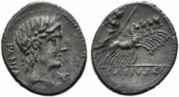 C. Vibius C.f. Pansa, Rome 90 BC. AR Denarius (18mm, 3.85g). Laureate head of Apollo r.; bucranium below chin. R/ Minerva driving galloping quadriga r...
