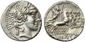 C. Vibius C.f. Pansa, Rome 90 BC. AR Denarius (17mm, 3.75g). Laureate head of Apollo r.; [symbol below chin]. R/ Minerva driving galloping quadriga r....