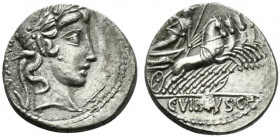 C. Vibius C.f. Pansa, Rome 90 BC. AR Denarius (18mm, 3.86g, 4h). Laureate head of Apollo r.; symbol below chin. R/ Minerva driving galloping quadriga ...