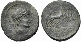 C. Vibius C.f. Pansa, Rome 90 BC. AR Denarius (18mm, 4.00g). Laureate head of Apollo r.; symbol below chin. R/ Minerva driving galloping quadriga r. C...