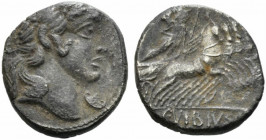 C. Vibius C.f. Pansa, Rome 90 BC. AR Denarius (15mm, 3.81g). Laureate head of Apollo r.; symbol below chin. R/ Minerva driving galloping quadriga r. C...