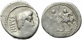 L. Titurius L.f. Sabinus, Rome, 89 BC. AR Denarius (18mm, 3.74g). Bareheaded and bearded head of King Tatius r.; palm-branch before. R/ Two soldiers f...