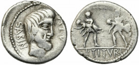 L. Titurius L.f. Sabinus, Rome, 89 BC. AR Denarius (18mm, 3.70g). Bareheaded and bearded head of King Tatius r.; palm frond below chin. R/ Two soldier...