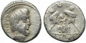 L. Titurius L.f. Sabinus, Rome, 89 BC. AR Denarius (16mm, 3.83g). Bareheaded, bearded head of King Tatius r.; palm frond below chin. R/ Tarpeia facing...