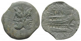 L. Titurius L.f. Sabinus, Rome, 89 BC. Æ As (26mm, 9.08g, 6h). Laureate head of bearded Janus. R/ Prow of galley r. Crawford 344/4a; RBW 1304. Green p...