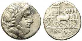 L. Rubrius Dossenus, Rome, 87 BC. AR Denarius (17mm, 4.15g). Laureate head of Jupiter r.; sceptre behind. R/ Triumphal chariot r. Crawford 348/1; RBW ...
