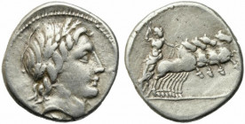Gargilius, Ogulnius and Vergilius, Rome, c. 86 BC. AR Denarius (18mm, 3.87g). Head of Apollo Vejovis r., wearing oak wreath; thunderbolt below. R/ Jup...