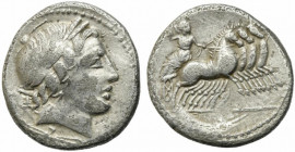 Gargilius, Ogulnius and Vergilius, Rome, c. 86 BC. AR Denarius (17mm, 3.61g). Head of Apollo Vejovis r., wearing oak wreath; thunderbolt below. R/ Jup...