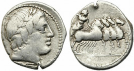 Gargilius, Ogulnius and Vergilius, Rome, c. 86 BC. AR Denarius (18mm, 3.81g). Head of Apollo Vejovis r., wearing oak wreath; thunderbolt below. R/ Jup...