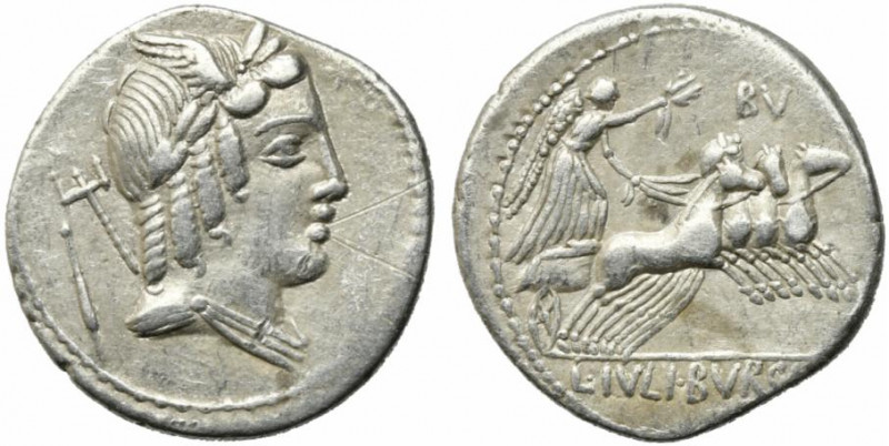 L. Julius Bursio, Rome, 85 BC. AR Denarius (19mm, 3.73g). Laureate and winged bu...