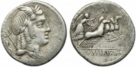 L. Julius Bursio, Rome, 85 BC. AR Denarius (19mm, 3.95g). Laureate and winged bust of Apollo Vejovis r.; trident over shoulder, symbol behind. R/ Vict...