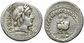 Mn. Fonteius C.f., Rome, 85 BC. AR Denarius (20mm, 3.82g). Laureate head of Vejovis (or Apollo) r.; Roma monogram below chin, thunderbolt below neck. ...