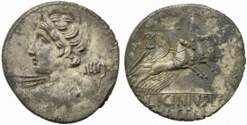 C. Licinius L.f. Macer, Rome, 84 BC. AR Denarius (20mm, 4.09g). Diademed bust of Vejovis l., seen from behind, hurling thunderbolt. R/ Minerva in quad...