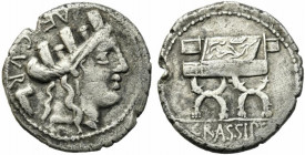 P. Furius Crassipes, Rome, 84 BC. AR Denarius (20mm, 3.70g). Turreted head of Cybele r.; foot behind. R/ Curule chair inscribed P FOVRIVS. Crawford 35...