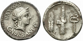 C. Norbanus, Rome, 83 BC. AR Denarius (18mm, 3.69g). Diademed head of Venus r.; control mark behind. R/ Grain-ear, fasces and caduceus. Crawford 357/1...
