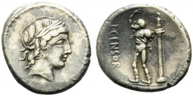 L. Censorinus, Rome, 82 BC. AR Denarius (18mm, 3.95g). Laureate head of Apollo r. R/ Marsyas standing l., holding wineskin over shoulder; to r., colum...