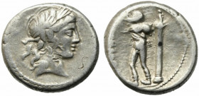 L. Censorinus, Rome, 82 BC. AR Denarius (16mm, 4.00g). Laureate head of Apollo r. R/ Marsyas standing l., holding wineskin over shoulder; to r., colum...