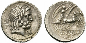 Q. Antonius Balbus, Rome, 83-82 BC. AR Serrate Denarius (19mm, 3.96g, 6h). Laureate head of Jupiter r.; control before. R/ Victory, holding wreath and...