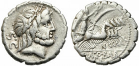 Q. Antonius Balbus, Rome, 83-82 BC. AR Serrate Denarius (17mm, 3.75g). Laureate head of Jupiter r. R/ Victory driving quadriga r., holding reins, palm...
