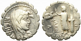 A. Postumius A.f. Sp.n. Albinus, Rome, 81 BC. AR Serrate Denarius (19mm, 3.76g). Veiled head of Hispania r. R/ Togate figure standing l., raising hand...