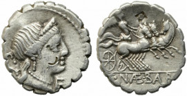 C. Naevius Balbus, Rome, 79 BC. AR Serrate Denarius (16mm, 3.87g). Diademed head of Venus r.; E before. R/ Victory driving galloping triga r., holding...