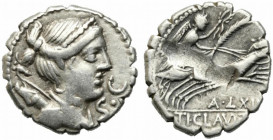 Ti. Claudius Ti.f. Ap.n. Nero, Rome, 79 BC. AR Serrate Denarius (16mm, 3.96g). Draped bust of Diana r., bow and quiver over shoulder. R/ Victory drivi...