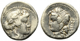 L. Cassius Q.f. Longinus, Rome, 75 BC. AR Denarius (17mm, 4.06g). Head of Liber (or Bacchus) r., wearing ivy wreath; thyrsus over shoulder. R/ Head of...