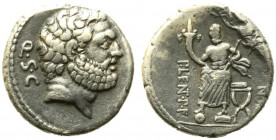 Pub. Lentulus P.f. L.n. Spinther, Rome, 71 BC. AR Denarius (17mm, 3.67g). Bearded head of Hercules r. R/ Genius of the Roman People seated facing on c...