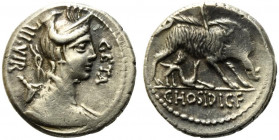 C. Hosidius C.f. Geta, Rome, 64 BC. AR Denarius (18mm, 3.94g). Diademed and draped bust of Diana r., with bow and quiver over shoulder. R/ Calydonian ...