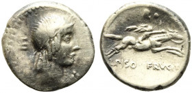 C. Piso L.f. Frugi. 61 BC, Rome, AR Denarius (17.5mm, 3.99g). Head of Apollo r., hair tied with fillet; control-mark behind. R/ Naked horseman gallopi...
