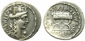 M. Plaetorius M.f. Cestianus, Rome, 57 BC. AR Denarius (19mm, 3.88g). Turreted and draped bust of Cybele r.; globe below chin, forepart of lion behind...