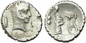 L. Roscius Fabatus, Rome, 59 BC. AR Serrate Denarius (16mm, 3.92g). Head of Juno Sospita r.; helmet behind. R/ Female standing r. before serpent; symb...