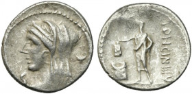 L. Cassius Longinus, Rome, 60 BC. AR Denarius (19mm, 3.87g). Veiled and draped bust of Vesta l.; L to l., calix to r. R/ Voter standing l., dropping t...