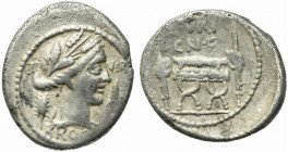 L. Furius Cn.f. Brocchus, Rome, 63 BC. AR Denarius (17mm, 3.66g). Head of Ceres r., wearing wreath of grain ears, a lock of hair falling down her neck...