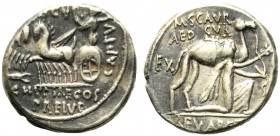 M. Aemilius Scaurus and Pub. Plautius Hypsaeus, Rome, 58 BC. AR Denarius (17mm, 3.92g). Nabatean king Aretas kneeling r., holding reins and olive bran...