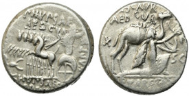 M. Aemilius Scaurus and Pub. Plautius Hypsaeus, Rome, 58 BC. AR Denarius (16mm, 4.13g). Nabatean king Aretas kneeling r., holding reins and olive bran...
