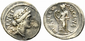 Roman Imperatorial, Man. Acilius Glabrio, Rome, 49 BC. AR Denarius (20mm, 3.52g). Laureate head of Salus r. R/ Salus standing l. against column, holdi...