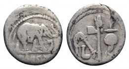 Julius Caesar, military mint traveling with Caesar, April-August 49 BC. AR Denarius (17mm, 3.32g, 12h). Elephant advancing r., trampling on horned ser...