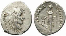 Roman Imperatorial, L. Hostilius Saserna, Rome, 48 BC. AR Denarius (20mm, 3.91). Head of Gallia r.; Gallic trumpet (carnyx) behind. R/ Diana of Ephesu...