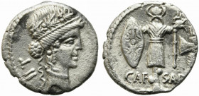 Julius Caesar, military mint, late spring-early summer 48 BC. AR Denarius (18mm, 3.59g). Diademed female head (Clementia?) r., wearing oak wreath; LII...