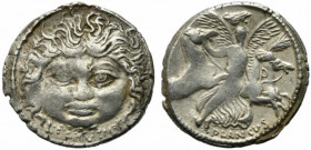 Roman Imperatorial, L. Plautius Plancus, Rome, 47 BC. AR Denarius (20mm, 3.86g). Facing head of Medusa with disheveled hair; serpents on either side. ...