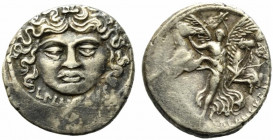 Roman Imperatorial, L. Plautius Plancus, Rome, 47 BC. AR Denarius (17.5mm, 4.20g). Facing head of Medusa with disheveled hair; serpents on either side...