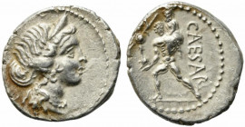 Julius Caesar, military mint in North Africa, late 48-47 BC. AR Denarius (19mm, 3.73g). Diademed head of Venus r. R/ Aeneas advancing l., holding pall...