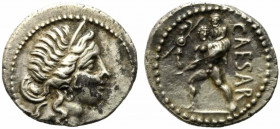 Julius Caesar, military mint in North Africa, late 48-47 BC. AR Denarius (18mm, 3.70g). Diademed head of Venus r. R/ Aeneas advancing l., holding pall...